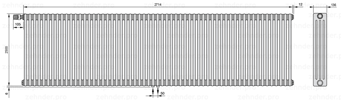 Схема (чертеж) Радиатор Zehnder Charleston 4250/59 №V007 Белый глянцевый RAL 9016